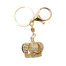 Load image into Gallery viewer, metal keychains featuring a three-dimensional crown charm encrusted with clear rhinestones attached to a split keyring and lobster clasp, shown in gold finish.
