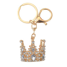 Load image into Gallery viewer, bejeweled Gold Queen Crown Keychain with a keyring and a lobster claw
