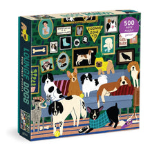 Load image into Gallery viewer, The Lounge Dogs 500 Piece Puzzle from Galison is a comical puzzle featuring a vignette of dogs transforming a living room into a dog lounge.
