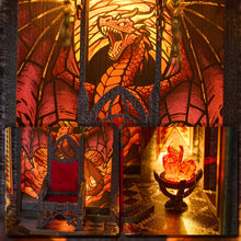 Load image into Gallery viewer, A collage of three detailed close-ups highlights the illuminated dragon stained glass backdrop, a red velvet-cushioned throne, and a glowing red crystal cluster held inside a dark, pedestal brazier.
