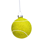 Load image into Gallery viewer, A spherical glass ornament fully coated in textured lime-green glitter with thin white curved lines to mimic a tennis ball.

