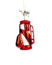 Load image into Gallery viewer, A shiny, red-and-white striped glass ornament shaped like a golf bag filled with silver clubs sticking out of the top.
