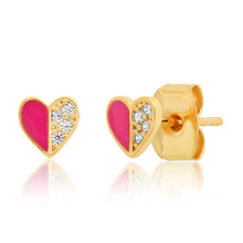 Load image into Gallery viewer, image showing small heart studs with half of the heart in pink enamel and the other half with CZ crystals
