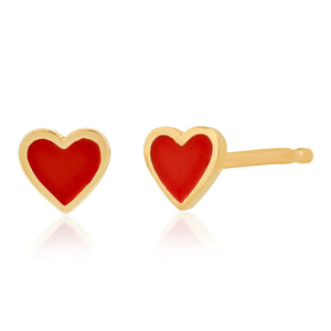 image of gold heart earrings with red enamel inlay