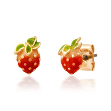 Load image into Gallery viewer, image of strawberry shaped studs with red and green enamel
