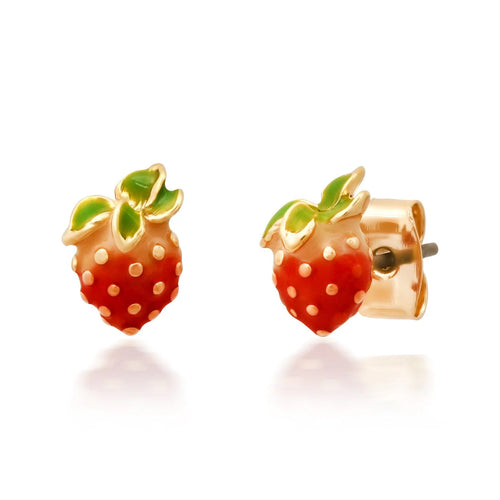 image of strawberry shaped studs with red and green enamel