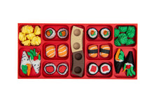 Load image into Gallery viewer, A top-down layout shows the red compartment tray neatly storing various sushi-shaped chess pieces, including nigiri, maki rolls, hand rolls, ginger, and wasabi.

