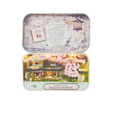 Load image into Gallery viewer, A springtime Sakura Station model in a flat tin
