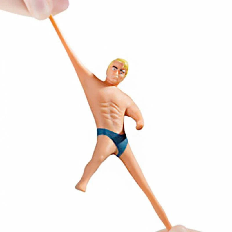 A close-up photo of the world's smallest Stretch Armstrong toy, showcasing its miniature size, vibrant colors, and stretchy, durable material, placed on a plain background