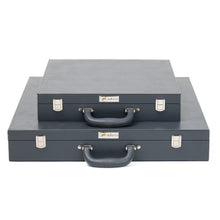 Load image into Gallery viewer, Two closed dark slate gray leatherette chess storage briefcases with carrying handles and silver latches stacked on top of each other.
