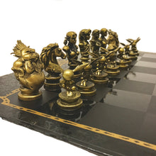 Load image into Gallery viewer, A low-angle prospective view highlighting the dark metallic bronze Zelda villain pieces, such as Deku Scrubs, Armos, and Ganondorf, arrayed across from the metallic gold pieces on the board.
