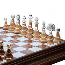 Load image into Gallery viewer, Gold and Silver Plated Chessmen with Wood/Marble Playing Table &amp; Drawers
