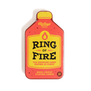 Top view of the Ring of Fire drinking card game by Ridley's Games, featuring a bottle-shaped tin and waterproof cards, perfect for parties and adult gatherings