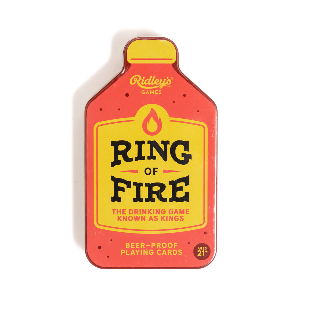 Top view of the Ring of Fire drinking card game by Ridley's Games, featuring a bottle-shaped tin and waterproof cards, perfect for parties and adult gatherings