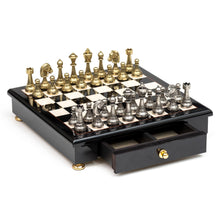 Load image into Gallery viewer, Metal Staunton Chessmen on Black Briarwood Board
