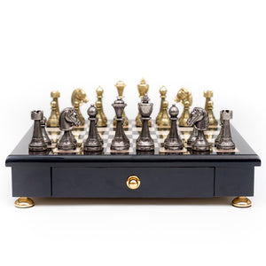 Metal Staunton Chessmen on Black Briarwood Board