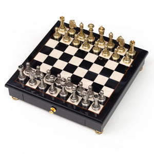 Metal Staunton Chessmen on Black Briarwood Board