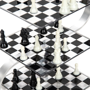 Close-up view of the Strato Chess board, highlighting the three transparent levels and intricately placed chess pieces, illustrating the game's unique 3D gameplay