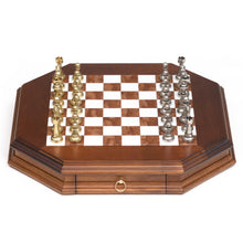 Load image into Gallery viewer, Metal Staunton Chessmen on Octagonal Alabaster/Wood Board
