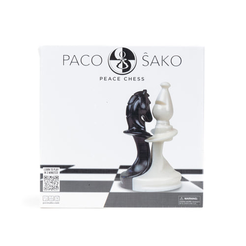 Close-up of the Paco Sako - Peace Chess game set, featuring the unique interlocking chess pieces on a folding board, designed to promote unity and creative strategy.