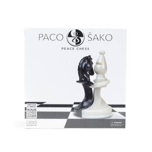 Close-up of the Paco Sako - Peace Chess game set, featuring the unique interlocking chess pieces on a folding board, designed to promote unity and creative strategy.