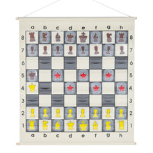 Load image into Gallery viewer, 27-inch x 27-inch chess demo board with 3-inch squares, wooden hanging dowels, and 38 plastic chess piece tokens, perfect for classrooms.
