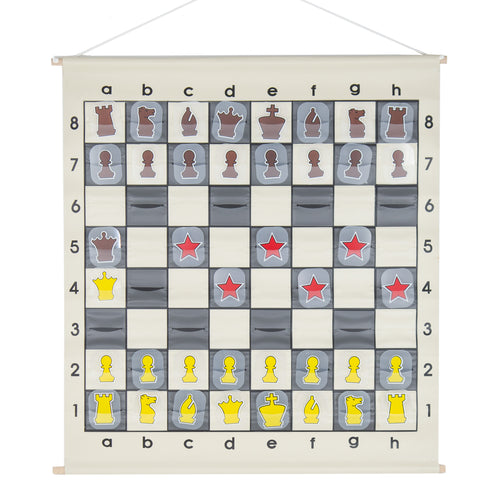 27-inch x 27-inch chess demo board with 3-inch squares, wooden hanging dowels, and 38 plastic chess piece tokens, perfect for classrooms.