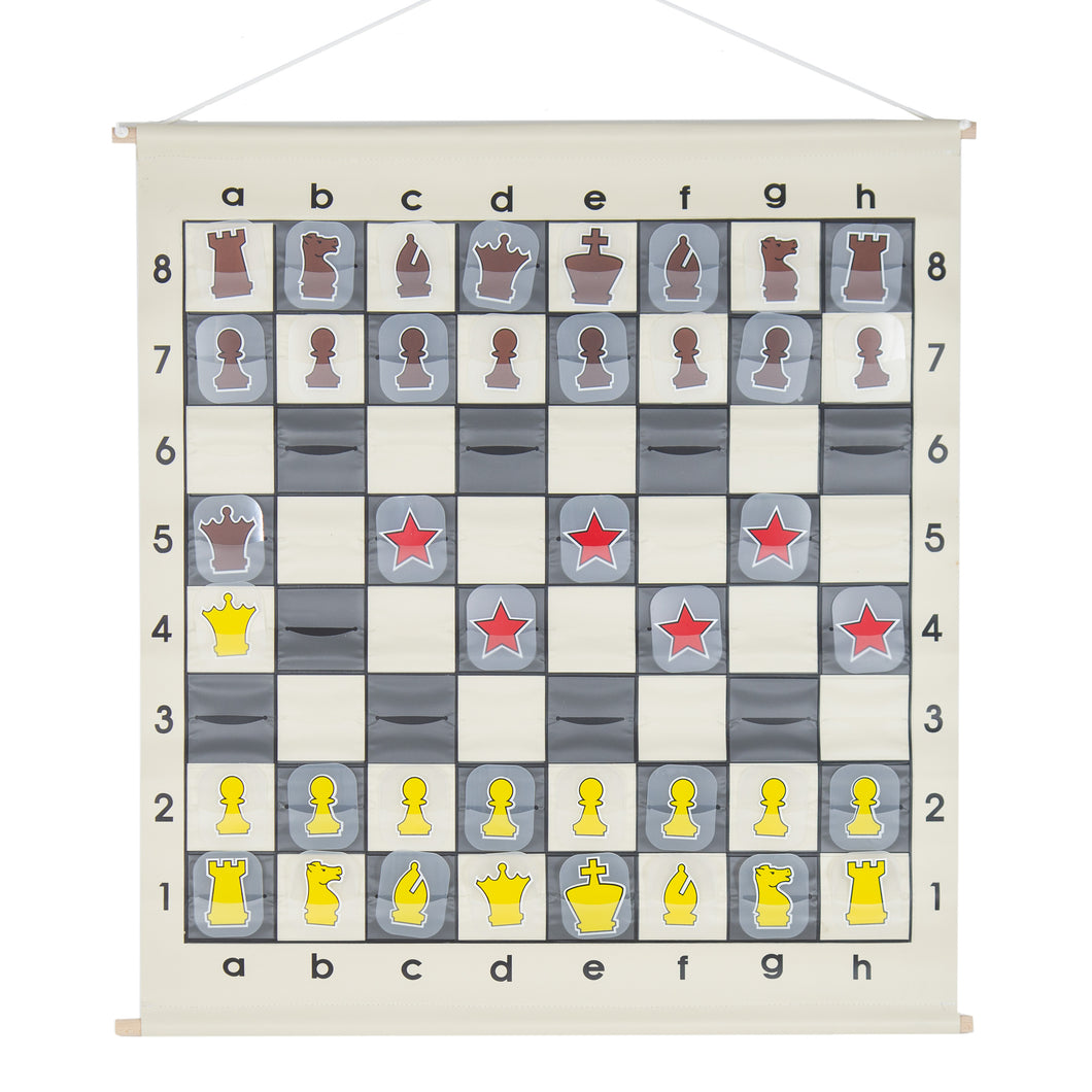 27-inch x 27-inch chess demo board with 3-inch squares, wooden hanging dowels, and 38 plastic chess piece tokens, perfect for classrooms.