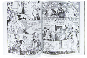 Illustrated page from 'Clockwork Game: A Graphic Novel,' showing detailed artwork of the 18th-century chess-playing machine in action.