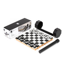 Load image into Gallery viewer, An unrolled wooden-slat travel chess set with cylindrical black and white game pieces displayed alongside its product packaging box and black leather storage tube.
