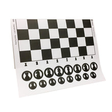 Load image into Gallery viewer, A flat sheet printed with a black-and-white checkered chessboard alongside rows of circular punch-out game tokens.
