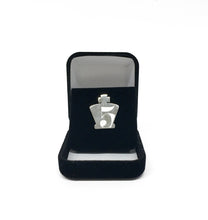 Load image into Gallery viewer, The pin is shaped like the silhouette of a chess king piece. Standard cutout space on the body forms a large numeral "5", indicating a 5-year milestone or anniversary. The metal has a polished, metallic silver finish with clean, sharp edges.
