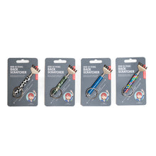 Load image into Gallery viewer, Four packaged mini keyring back scratchers lined up, showing black-and-white, camouflage, blue, and multicolor pattern options.
