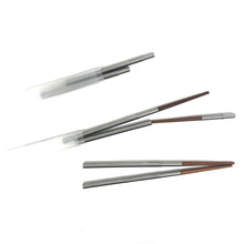Load image into Gallery viewer, This image displays a pair of portable, telescoping chopsticks shown in three different stages of assembly against a plain white background. The top views illustrate how the silver metal shafts and natural wood tips collapse down to fit into compact, frosted plastic storage sleeves, while the bottom view shows them fully extended and ready for use.

