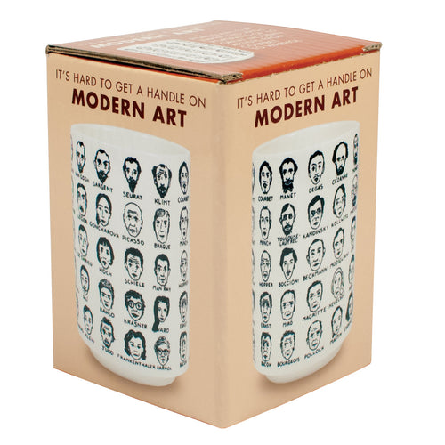 Hard To Get A Handle Mug, 9 oz porcelain, shown in four designs: Modern Art, English Royalty, United States, and Philosophy