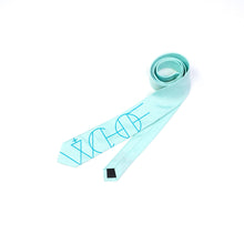 Load image into Gallery viewer, A pastel or light cyan tie printed with a darker cyan/teal graphic.
